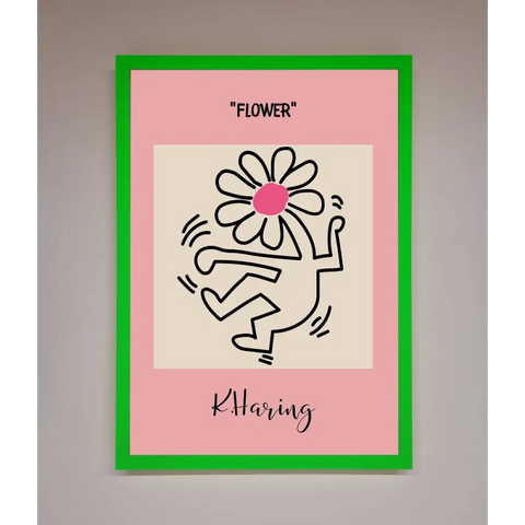 Keith Haring Flower Pink Framed Poster - B0 (100 x 141 cm) / Neon Dark Green - Framed Print