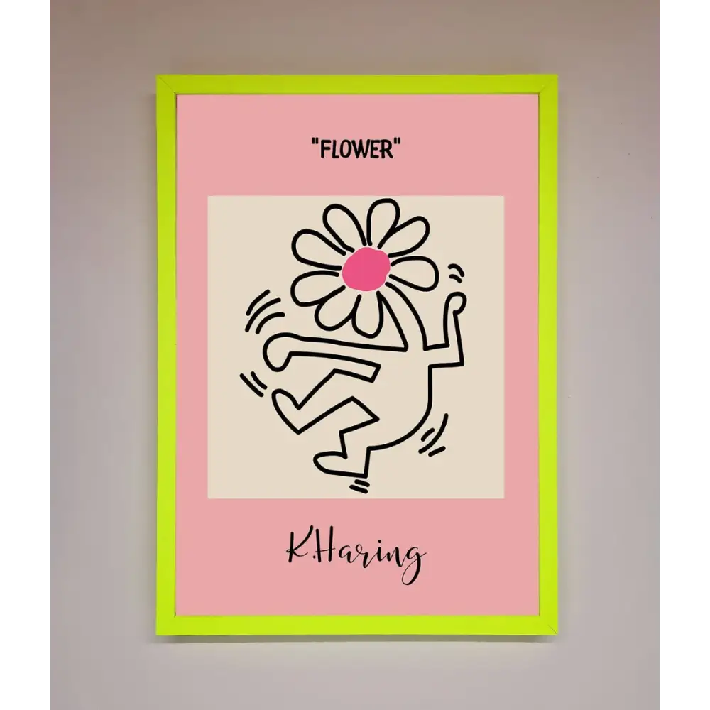 Keith Haring Flower Pink Framed Poster - B0 (100 x 141 cm) / Neon Green - Framed Print