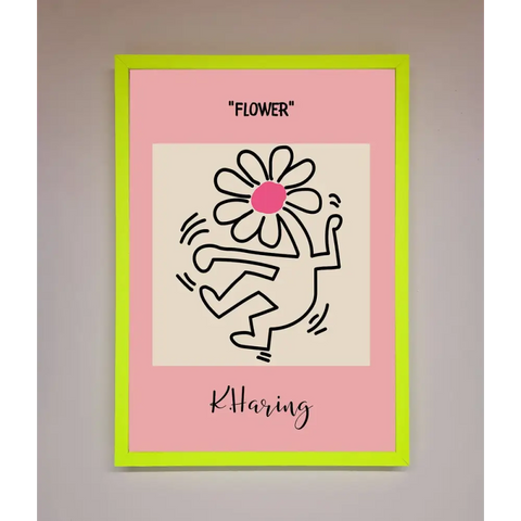 Keith Haring Flower Pink Framed Poster - B0 (100 x 141 cm) / Neon Green - Framed Print