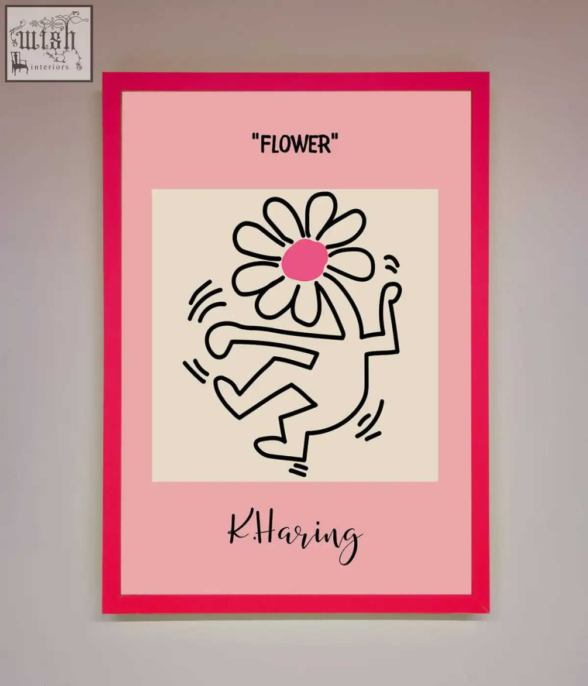 Vibrant pink framed poster of keith haring flower with bold black line drawing and person limbs entwined on off white background