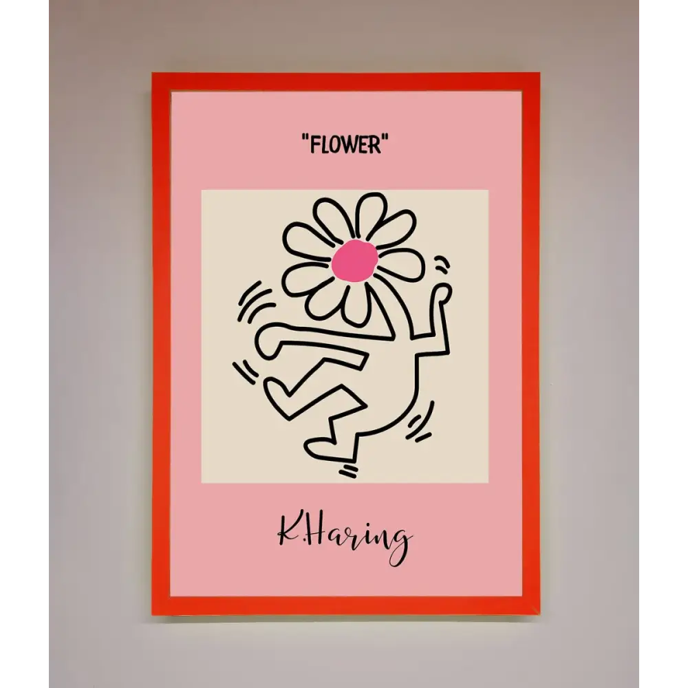 Keith Haring Flower Pink Framed Poster - B0 (100 x 141 cm) / Neon Red - Framed Print