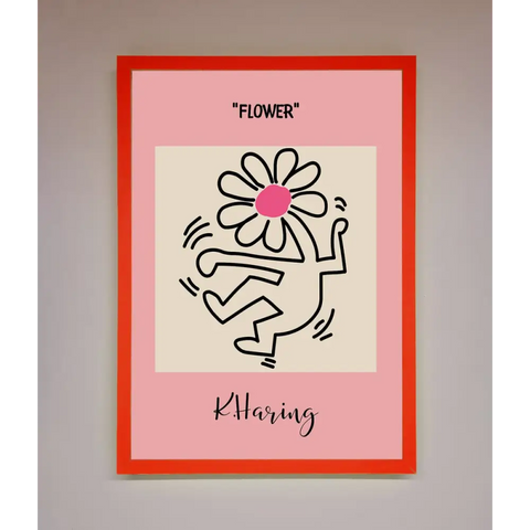 Keith Haring Flower Pink Framed Poster - B0 (100 x 141 cm) / Neon Red - Framed Print