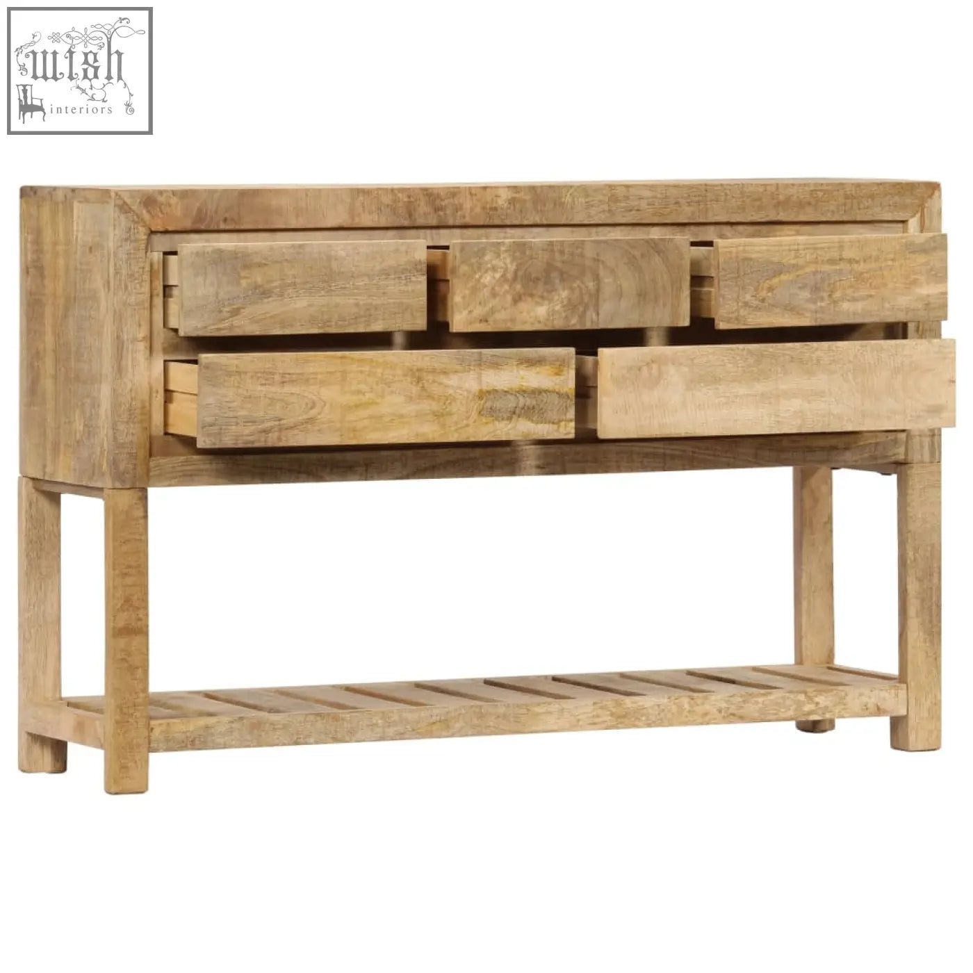 Light-colored solid mango wood sideboard with four drawers and a slatted lower shelf for stylish storage