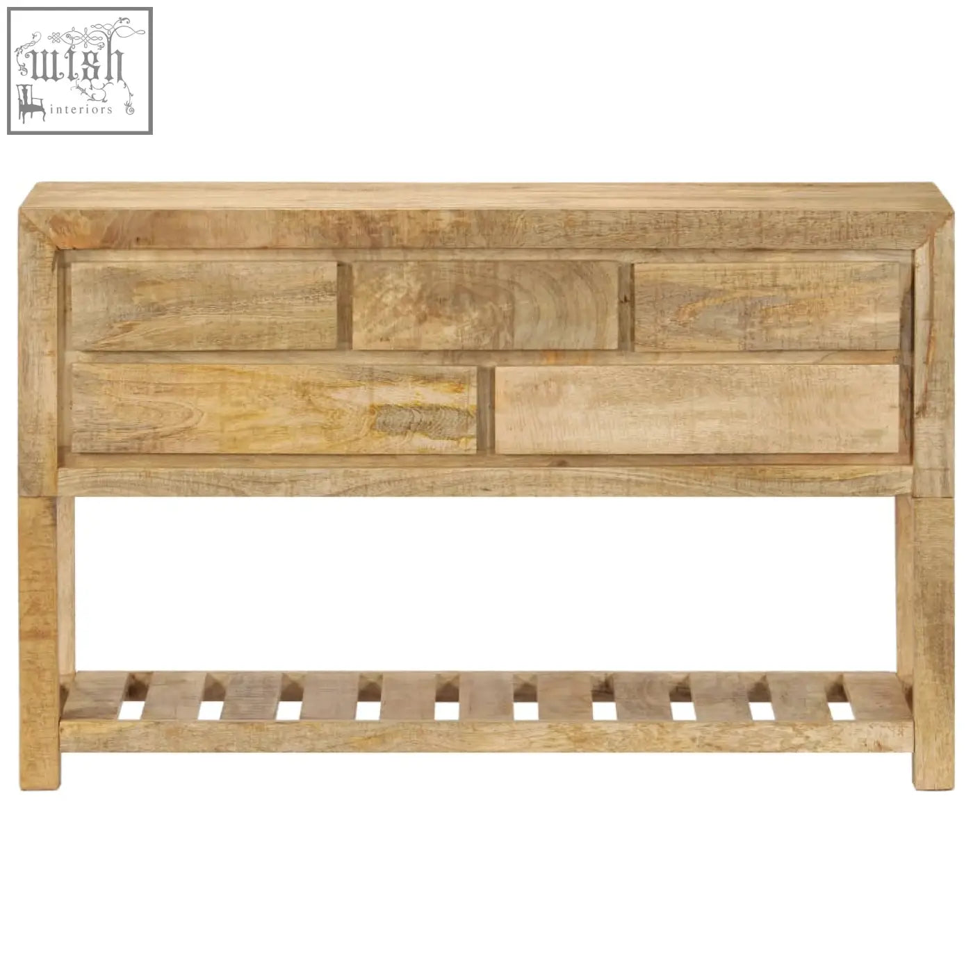 Natural-finish solid mango wood sideboard with four drawers and a slatted lower shelf for stylish storage