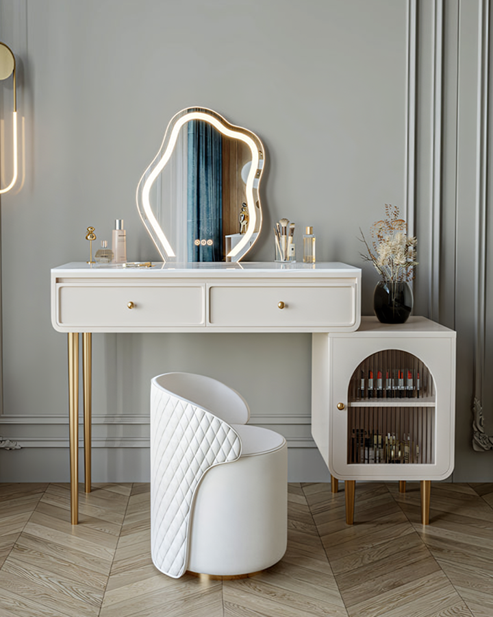 White quilted leather vanity chair with gold-tone legs complementing kelly dressing table with led mirror setup