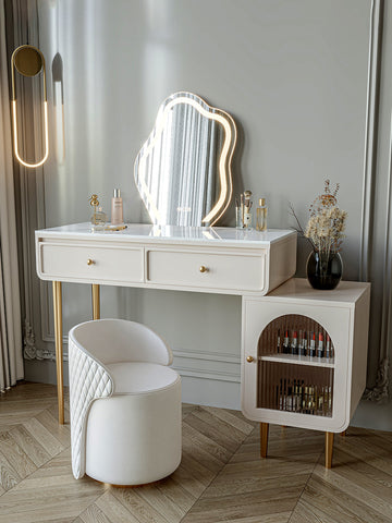 White quilted velvet round chair with gold-tone legs paired with kelly dressing table with led mirror setup
