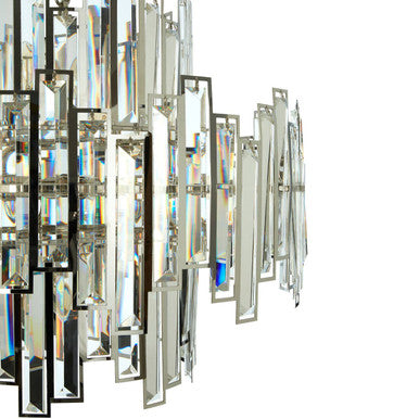 Kelona large chandelier with cascading rectangular crystal glass prisms on a sleek silver large chandelier frame