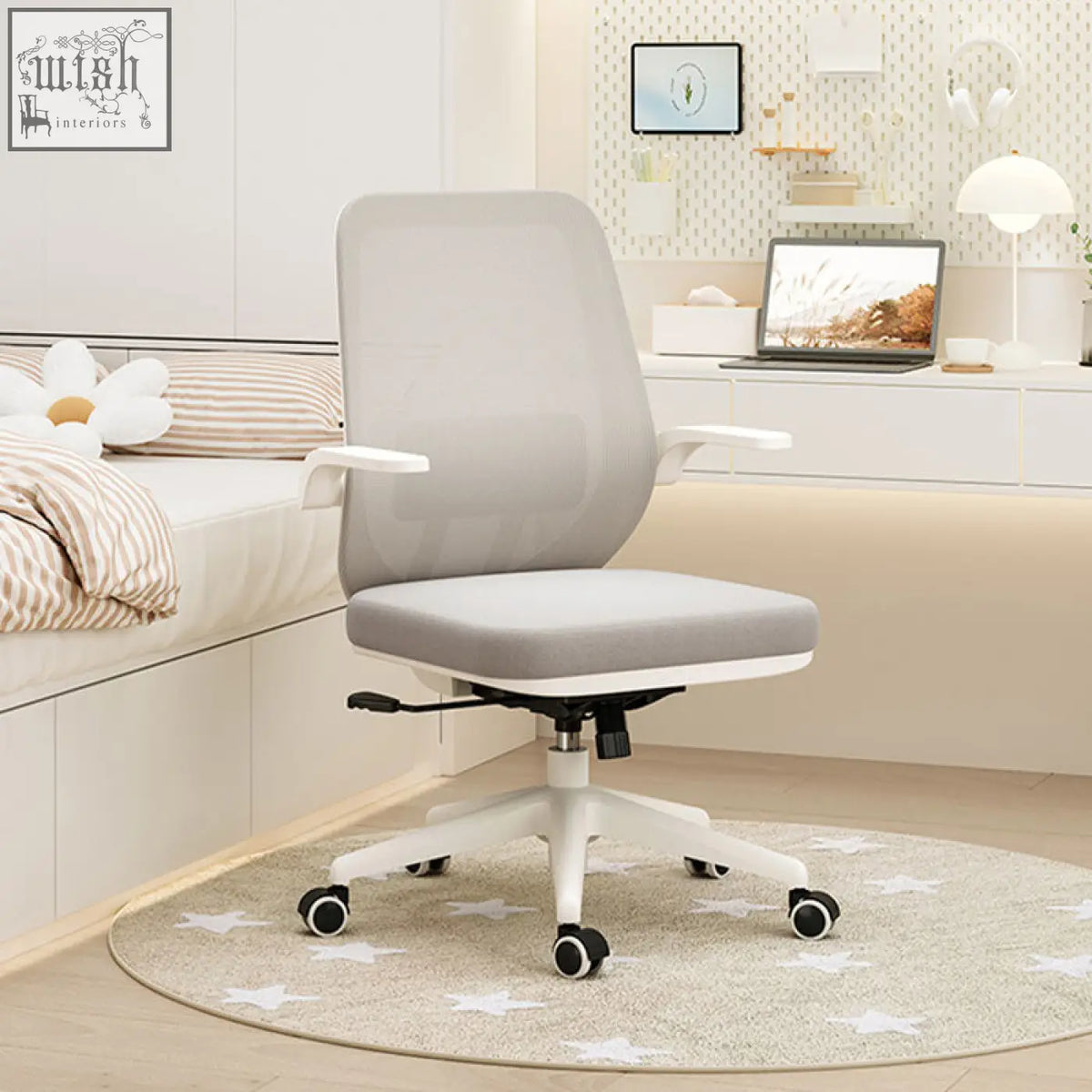 Light gray mesh-backed kelsey office chair with white painted steel frame and casters for home office use