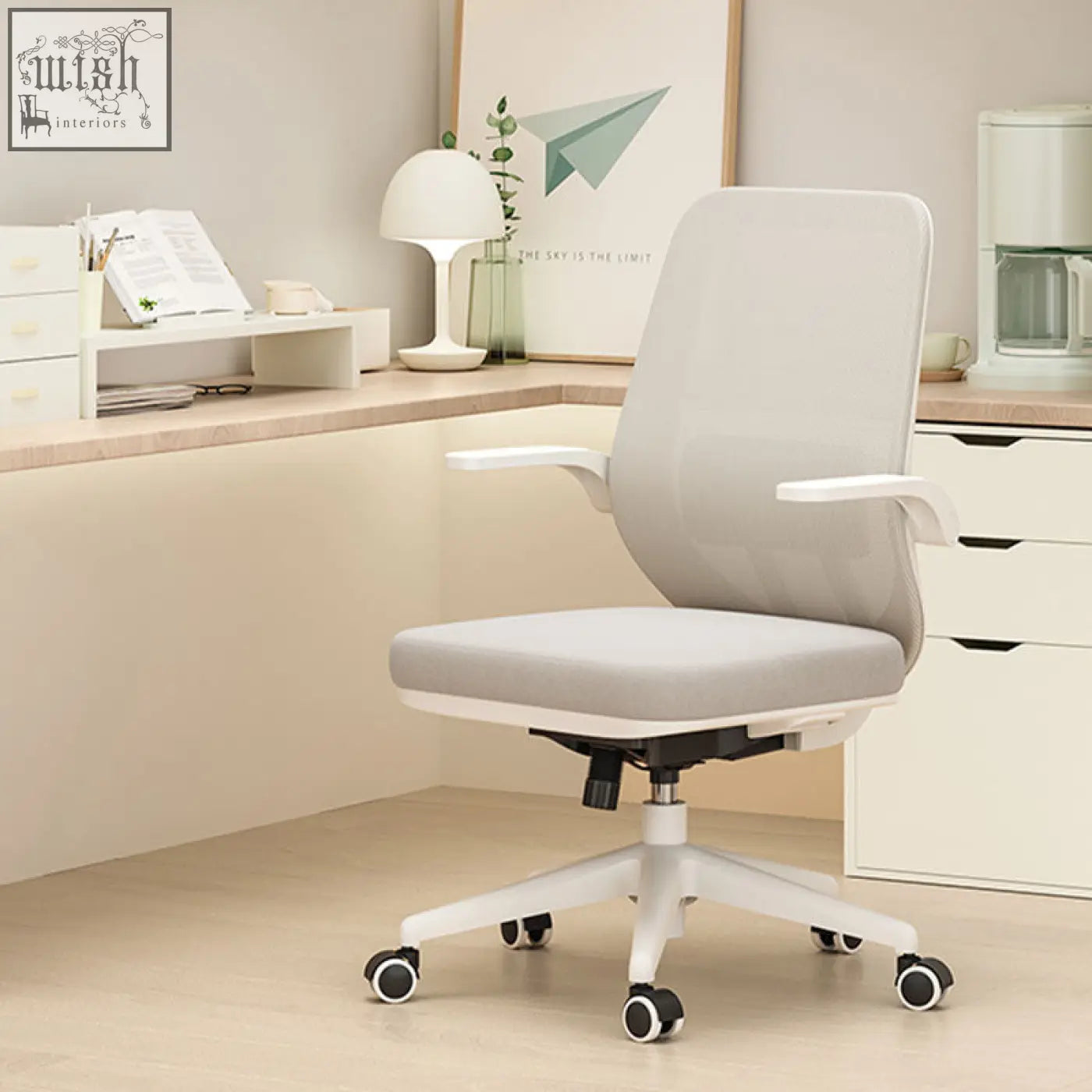 Modern ergonomic kelsey office chair with light gray mesh back white painted steel frame and black caster base