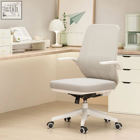 Modern ergonomic kelsey office chair with light gray mesh back white painted steel frame and black caster base