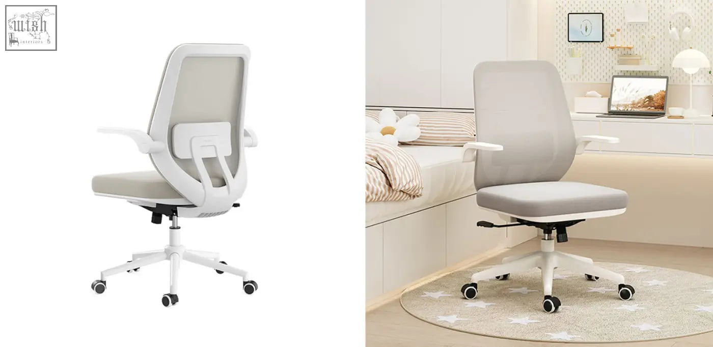 Modern ergonomic kelsey office chair with light gray mesh seat back white painted steel frame and black casters