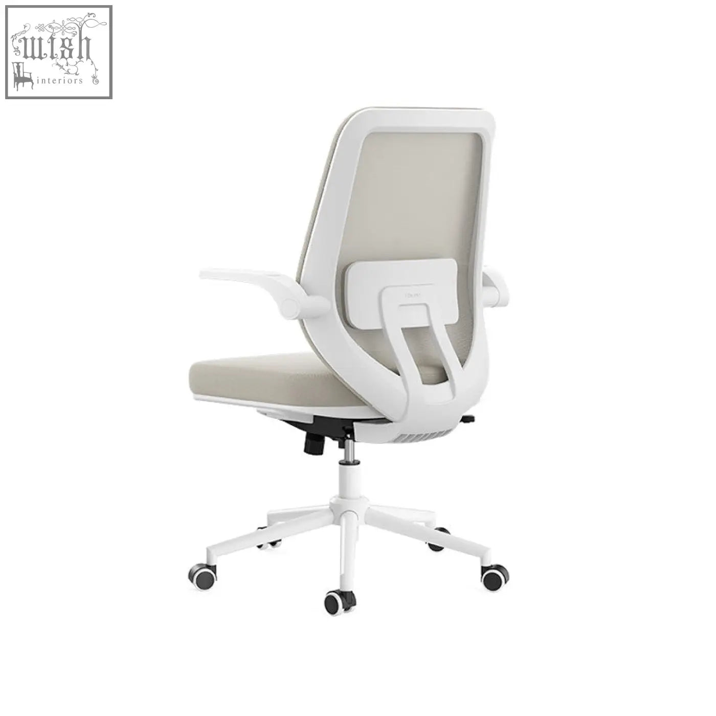 Modern ergonomic kelsey office chair with white frame and beige mesh back and seat cushion for comfortable office use