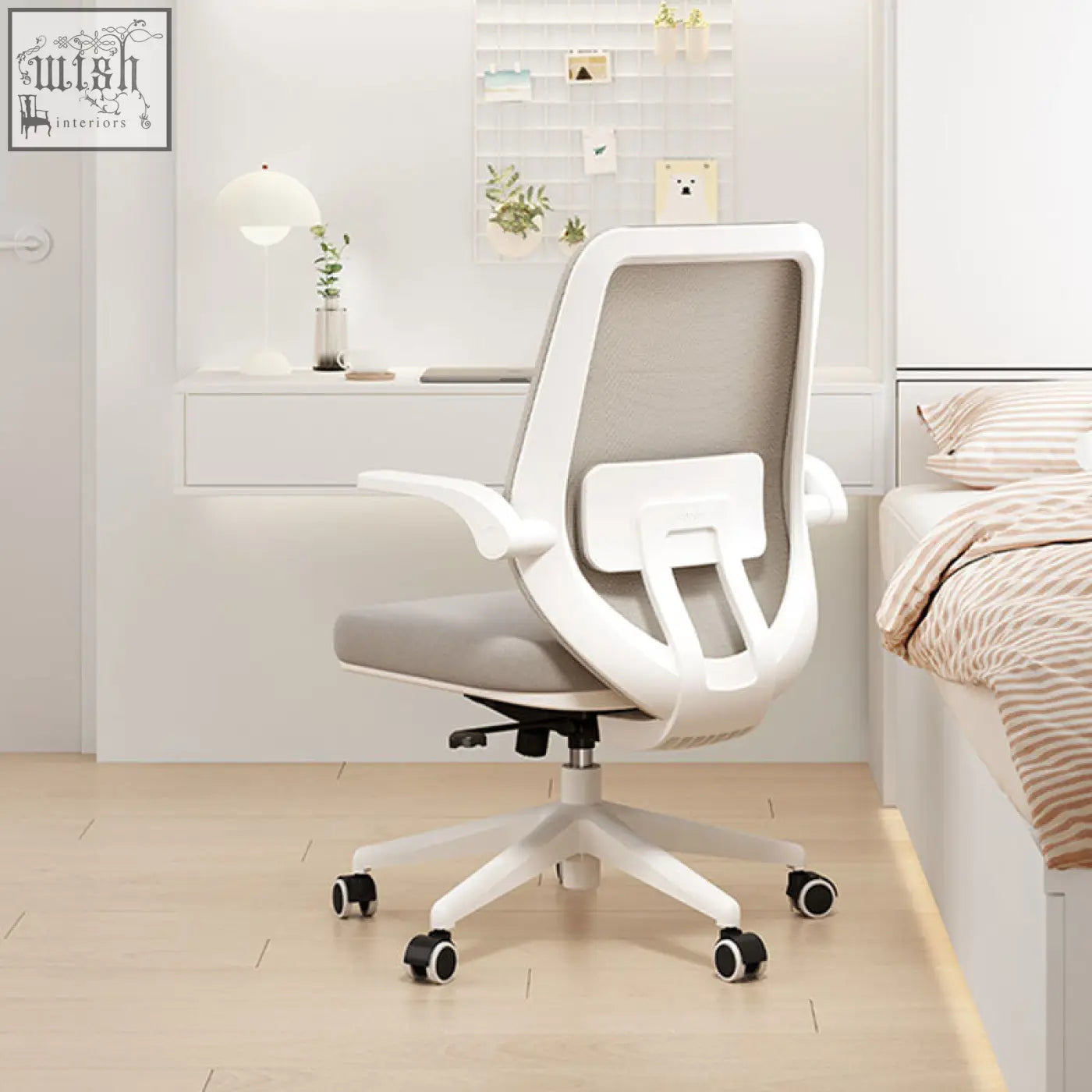 Kelsey office chair with white plastic frame gray mesh seat and painted steel black caster wheels for ergonomic comfort
