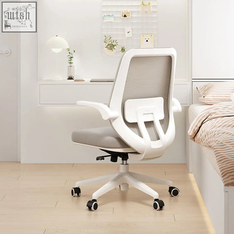 Kelsey office chair with white plastic frame gray mesh seat and painted steel black caster wheels for ergonomic comfort