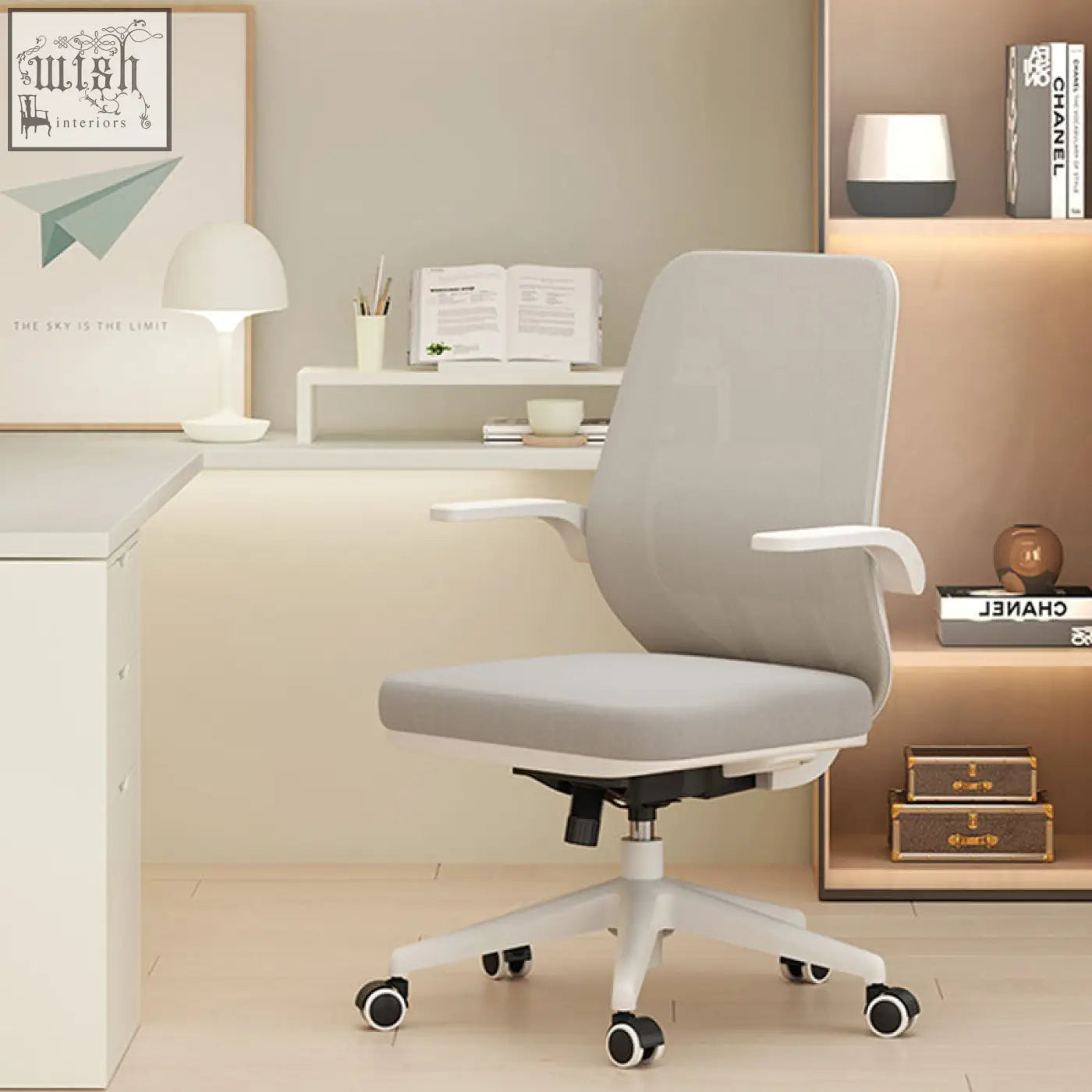 Modern gray mesh kelsey office chair with white plastic frame and black caster wheels for office use