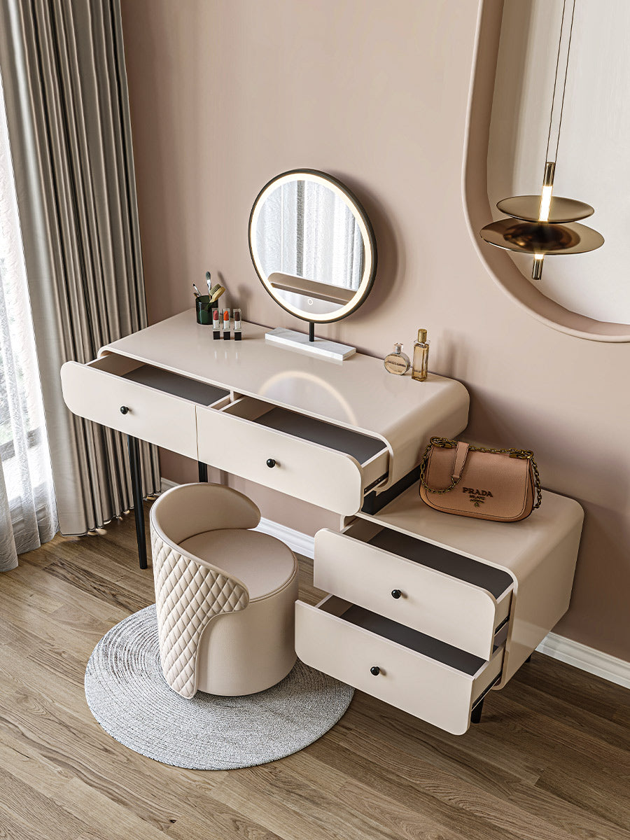 Cream-colored kendall dressing table with sleek modern design and black metal legs perfect for stylish vanity setup