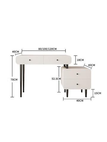 Modern white kendall dressing table with black metal legs and matching side cabinet featuring minimalist design