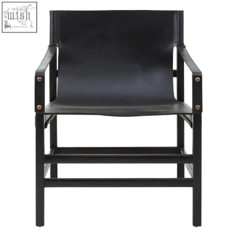 Black leather armchair with minimalist design and sturdy teak wood frame for stylish seating