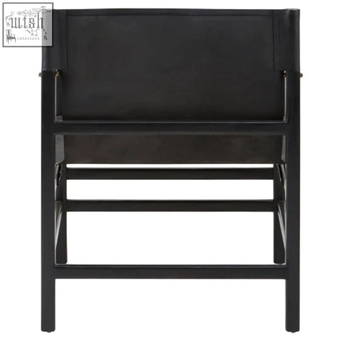 Black leather-backed kendari armchair with minimalist teak wood frame perfect for stylish wood frame seating