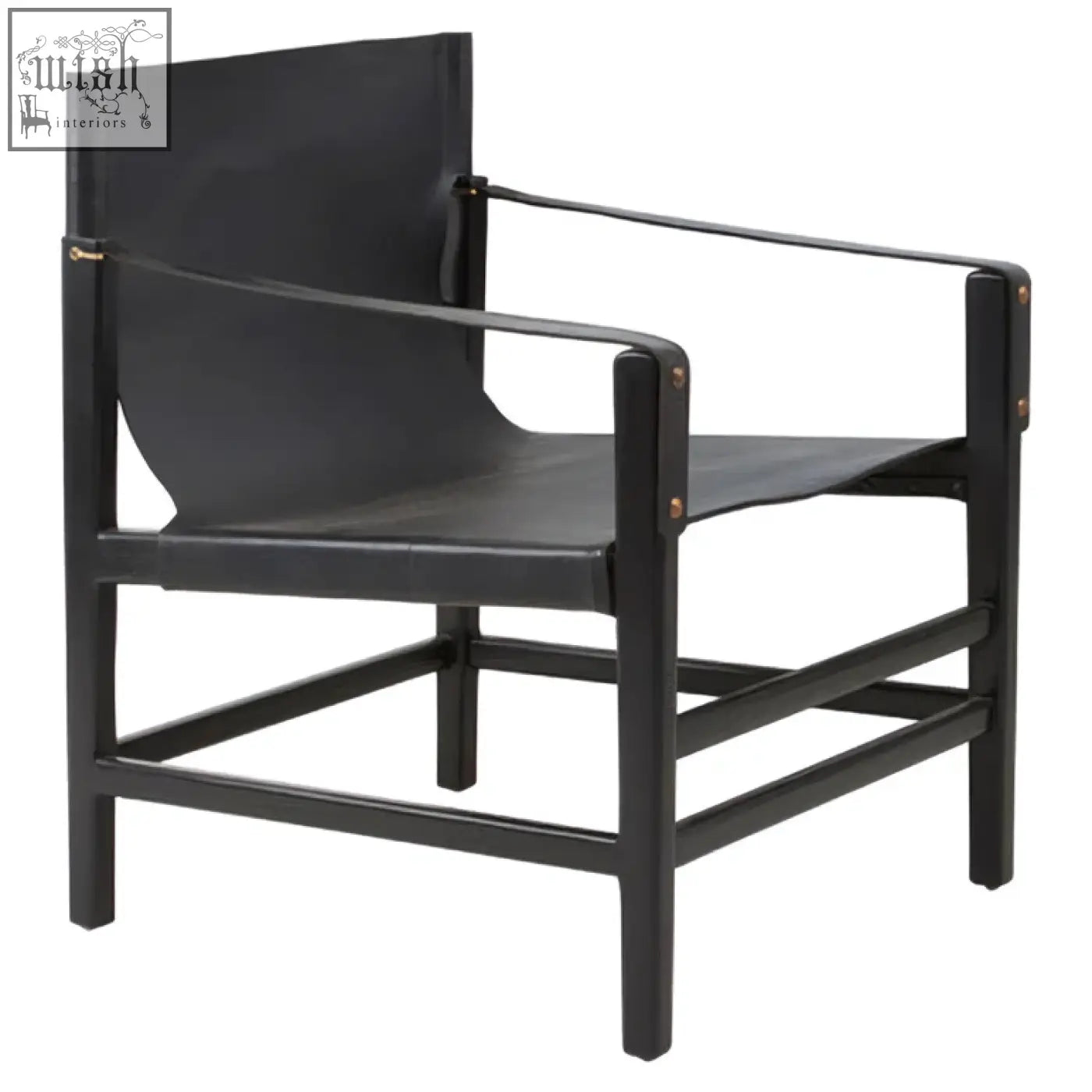 Black leather armchair with teak wood frame and woven strap details in a minimalist design