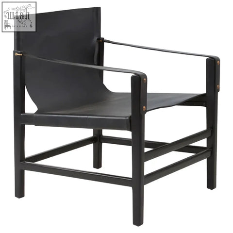 Black leather armchair with teak wood frame and woven strap details in a minimalist design