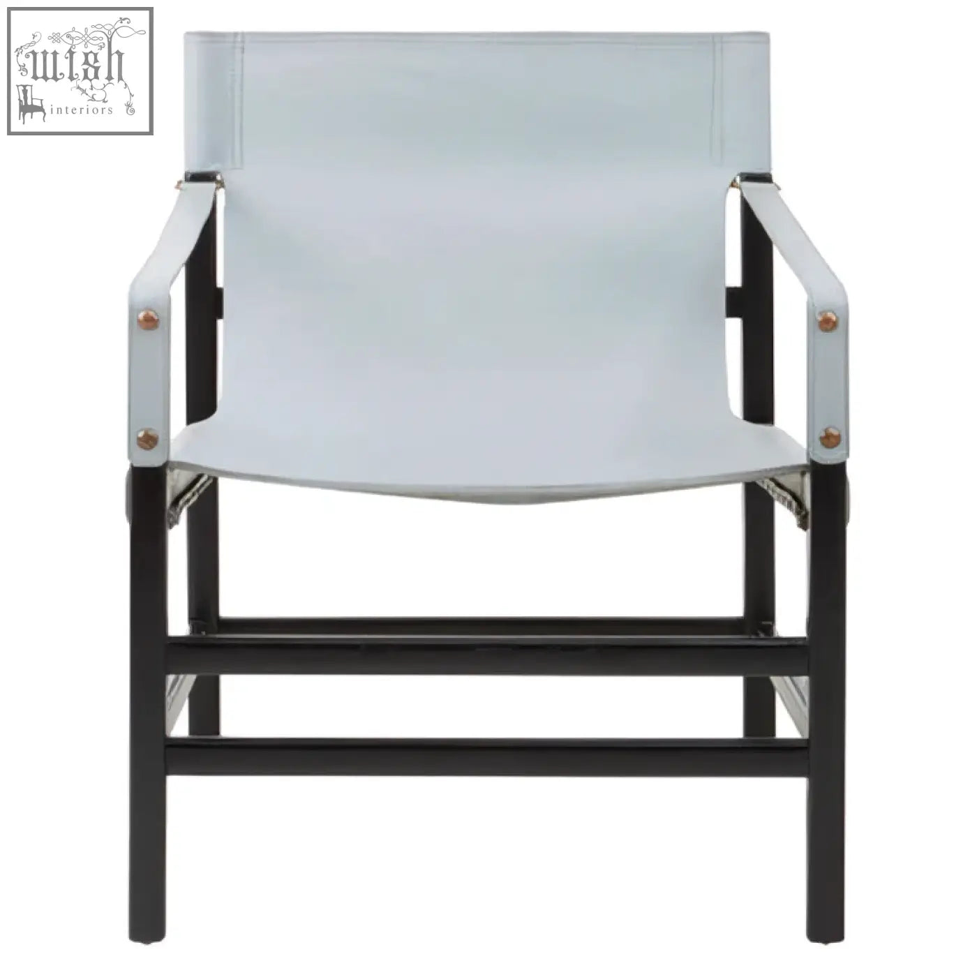 Light blue canvas chair with black metal frame and silver rivets in kendari grey leather and teak wood style