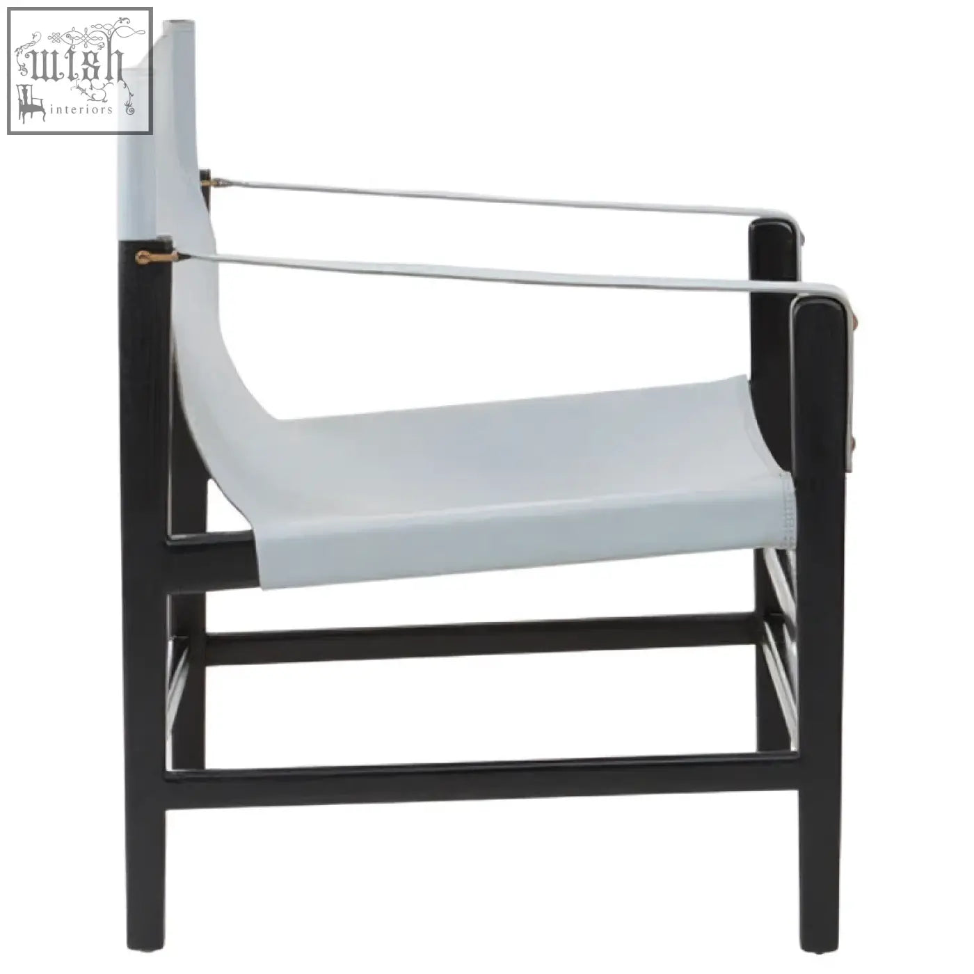Black-framed kendari grey leather armchair with teak wood frame and silver metal accents for stylish seating