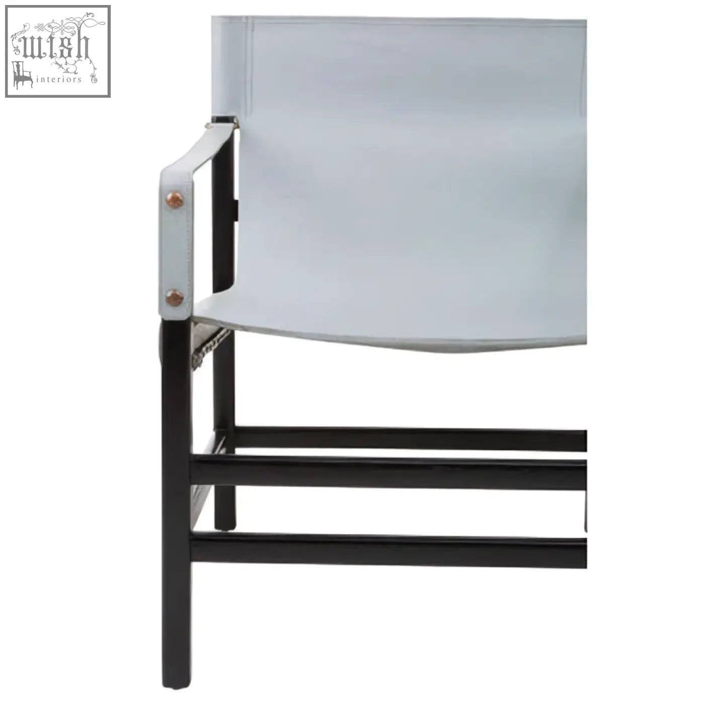 Black metal frame chair with silver armrest and white fabric seat in kendari grey leather and teak wood style