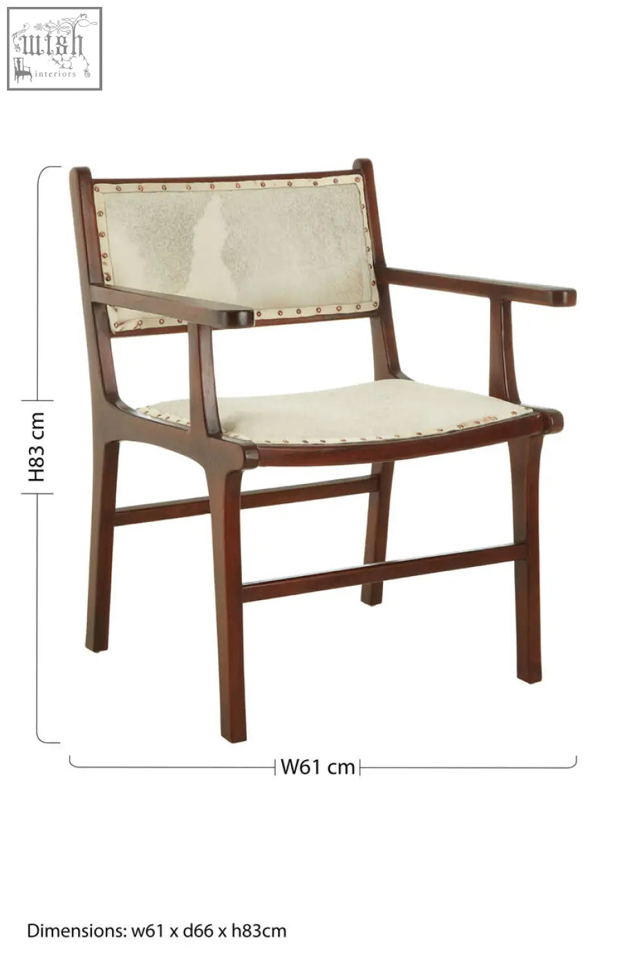 Dark wood armchair with cream leather and brass nailhead trim perfect as a teak wood dining chair