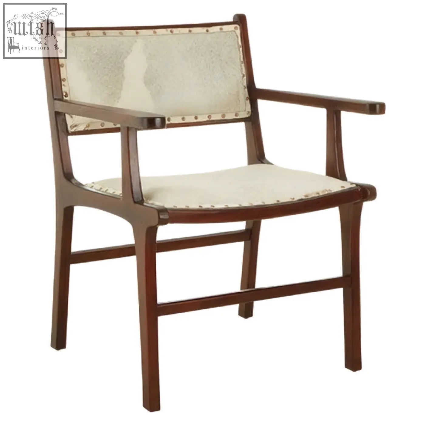 Dark wood teak wood dining chair with light beige textured seat and visible stitching for wood dining use