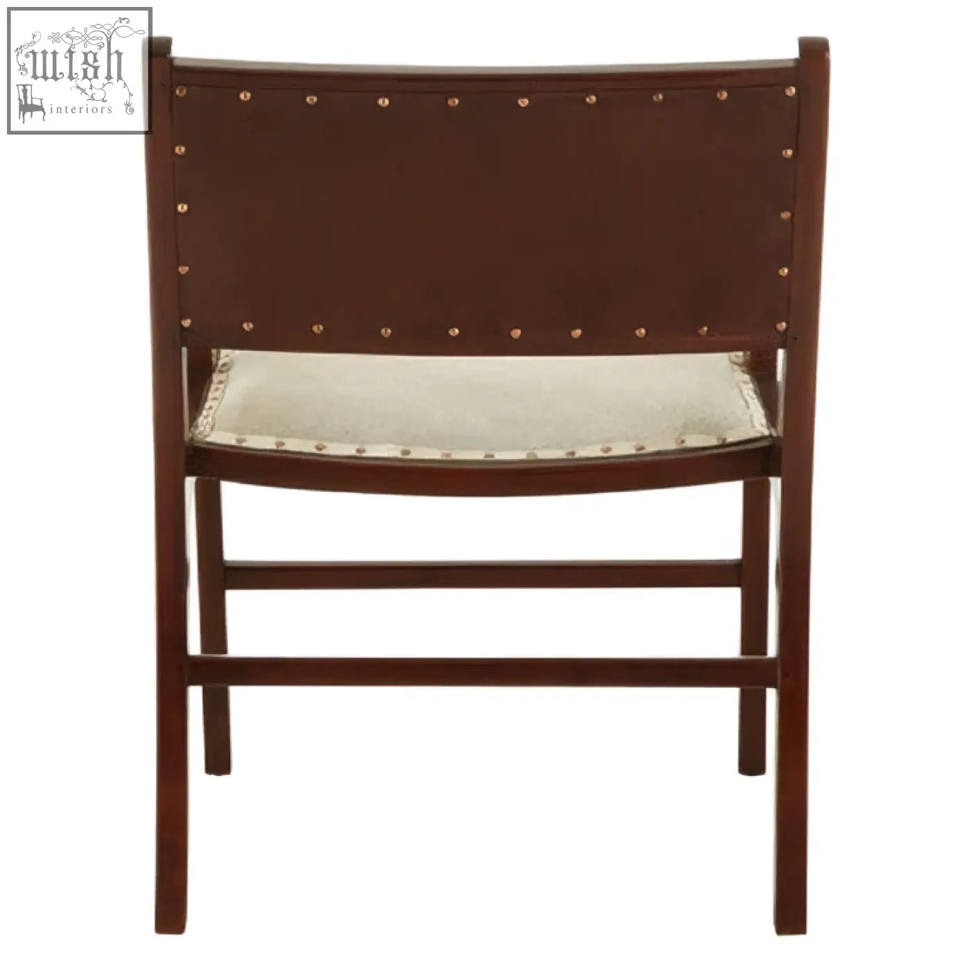 Dark brown teak wood dining chair with light beige leather upholstery and silver nailhead trim accents