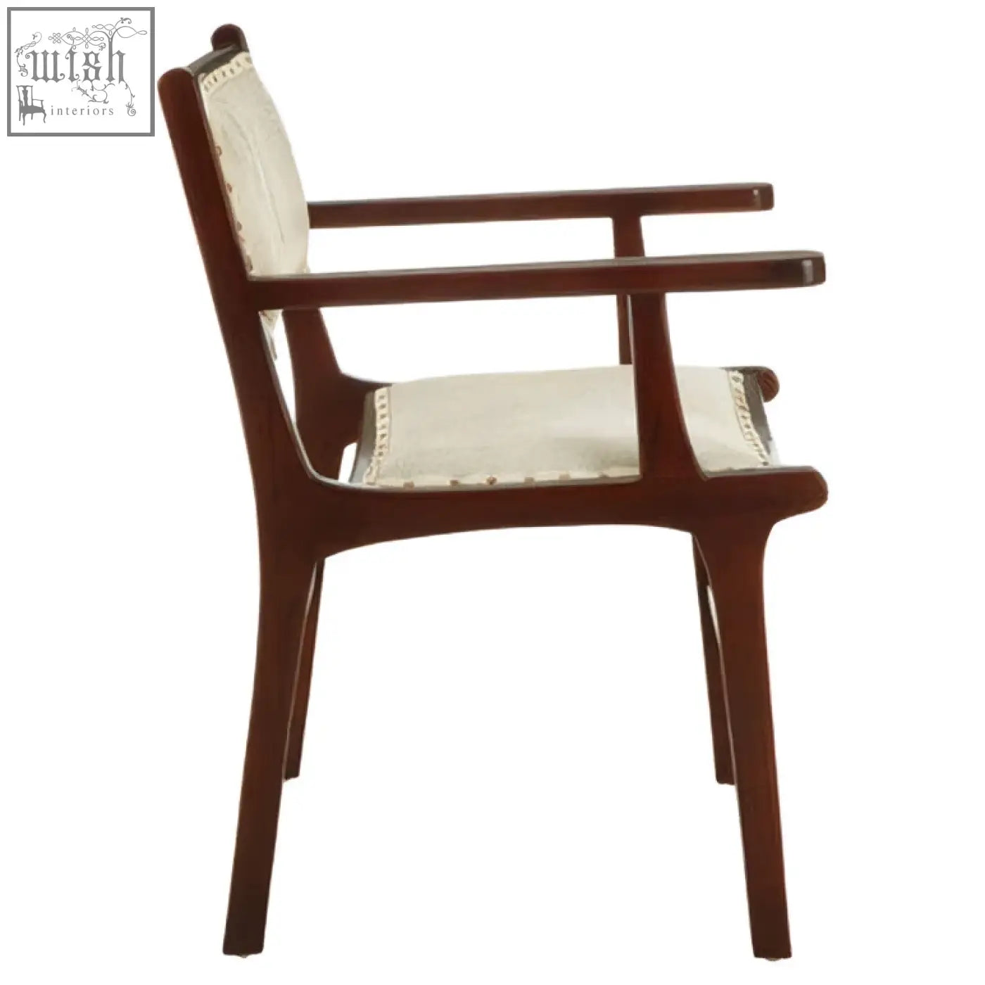 A sleek teak wood dining chair with dark wood frame and cream fabric seat perfect for wood dining setups