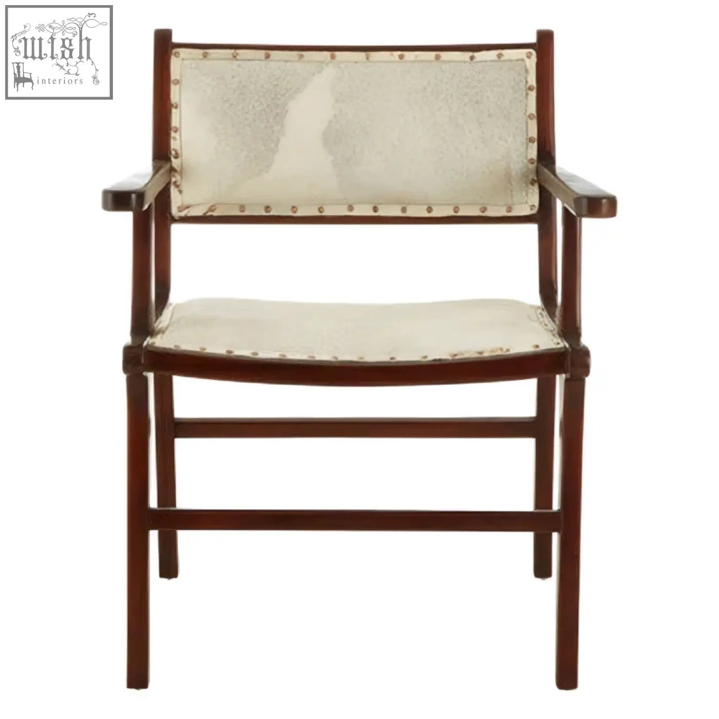 A sleek dark wood dining chair with cream leather seat and brass rivets made from teak wood for dining use