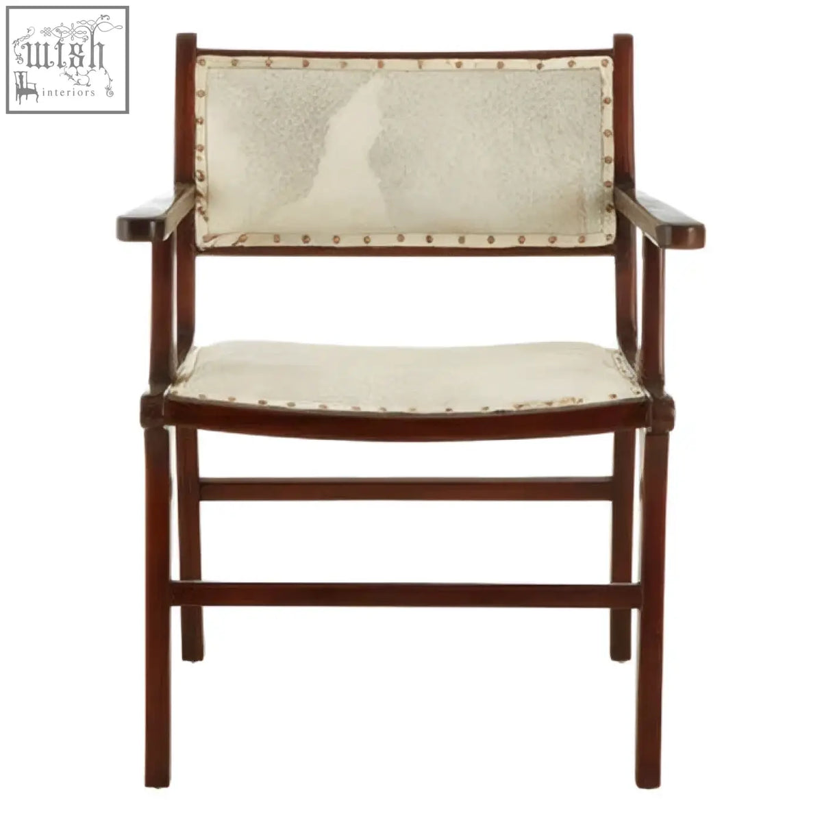 A sleek dark wood dining chair with cream leather seat and brass rivets made from teak wood for dining use