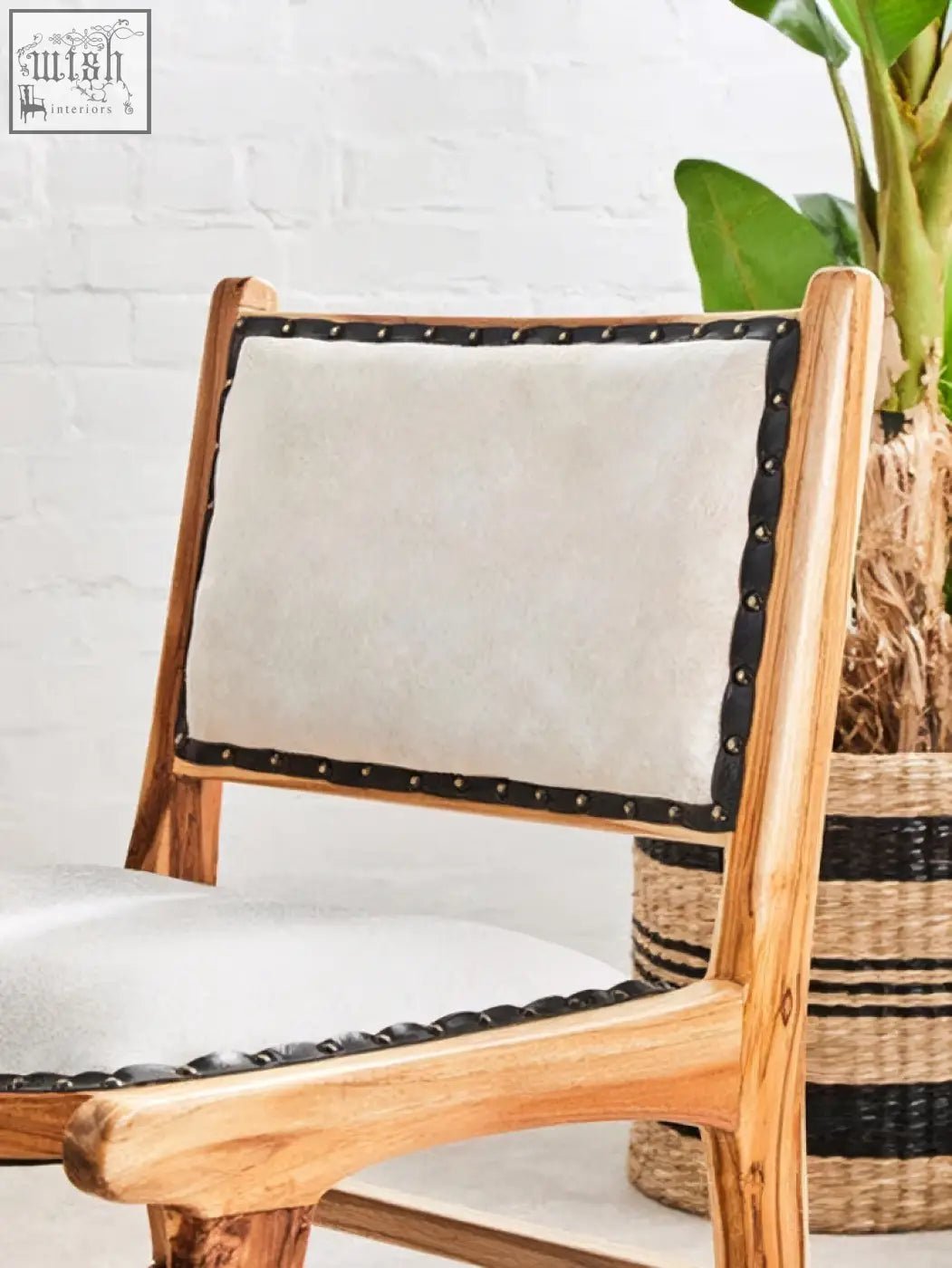 Kendari natural leather teak wood dining chair with light wood frame beige upholstery and black leather trim with brass studs