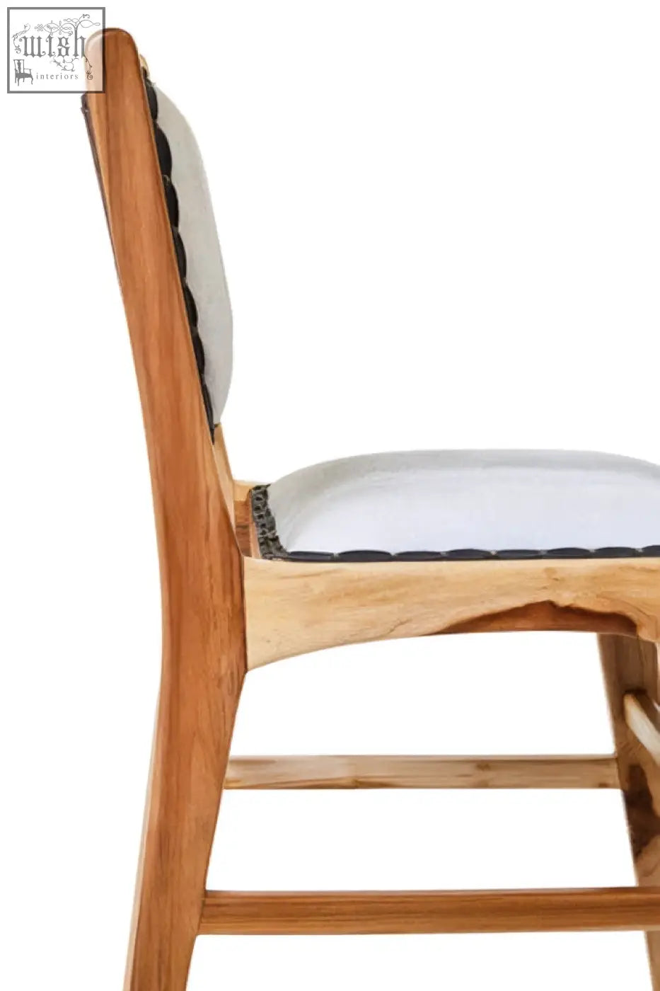 Kendari natural leather and teak wood dining chair with light wood frame white upholstery and black nailhead trim