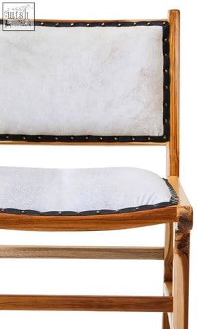Rustic teak wood dining chair with kendari natural leather light fabric seat and dark nailhead trim accents