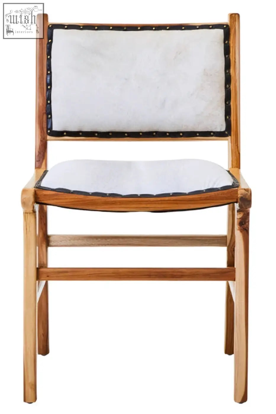 Kendari natural leather and teak wood dining chair with white upholstered seat and back and dark stitched leather trim