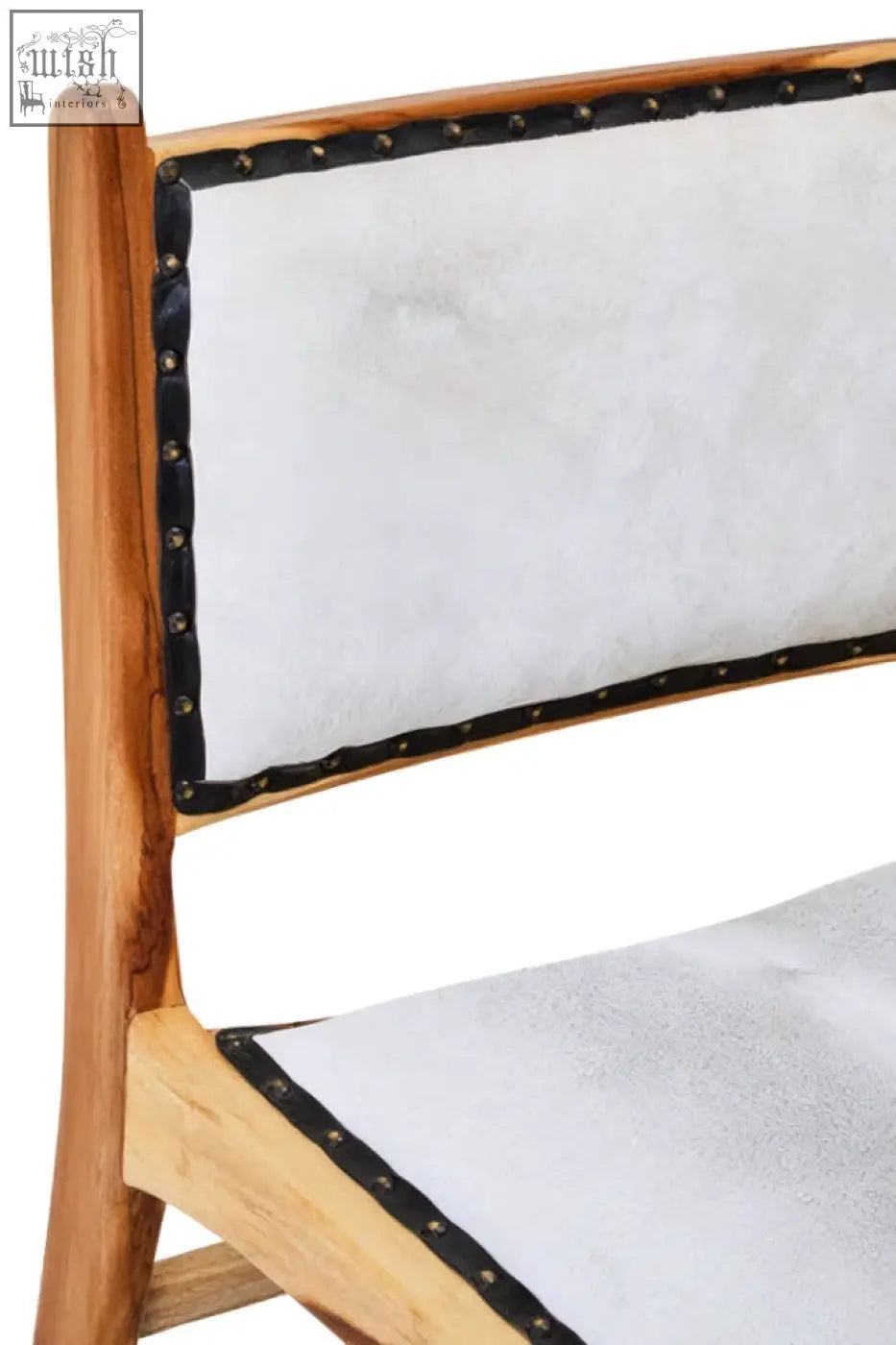 White upholstered kendari natural leather dining chair with teak wood frame and black nailhead trim for teak wood dining