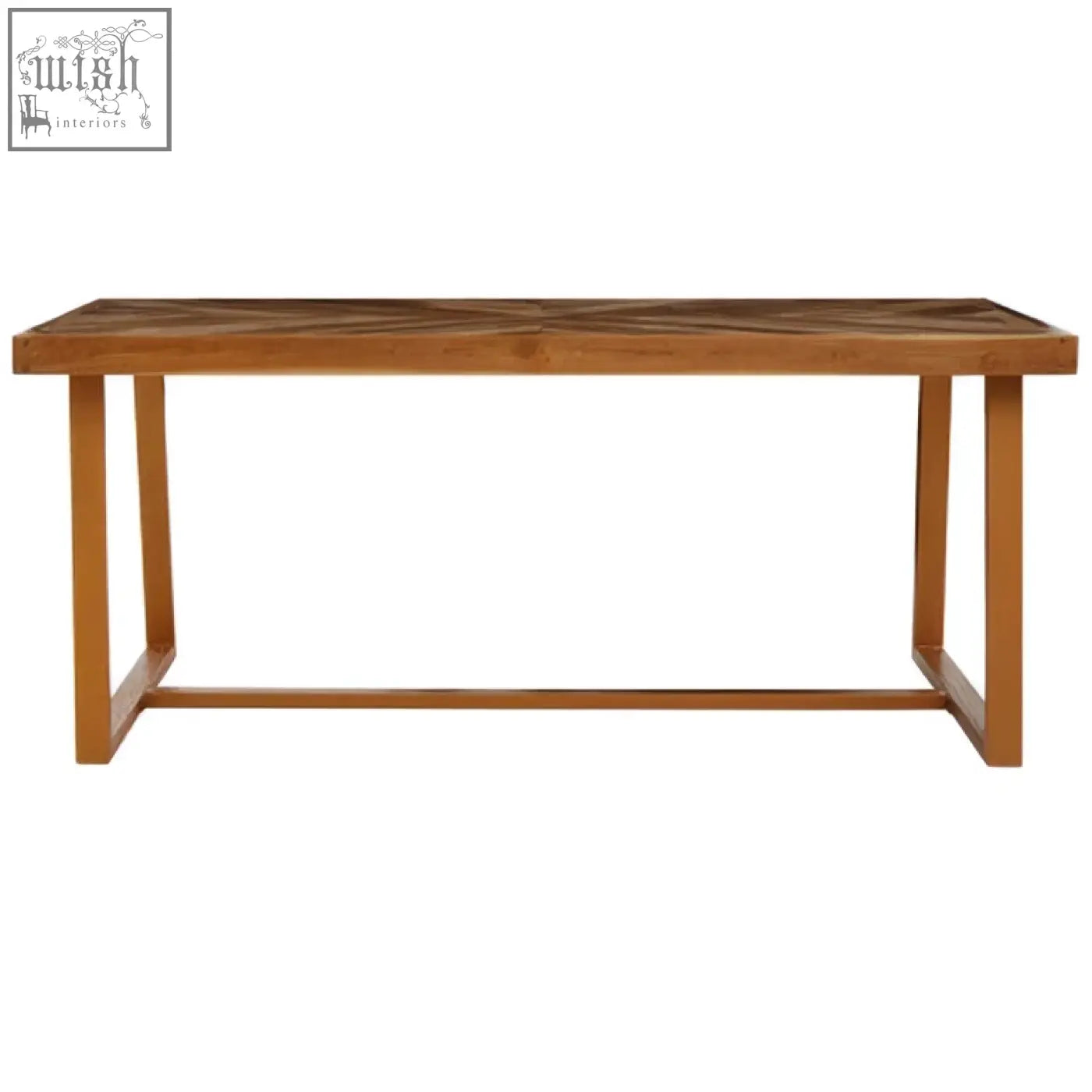 Light brown kendari natural teak wood dining table with geometric pattern top and simple rectangular legs wood dining table