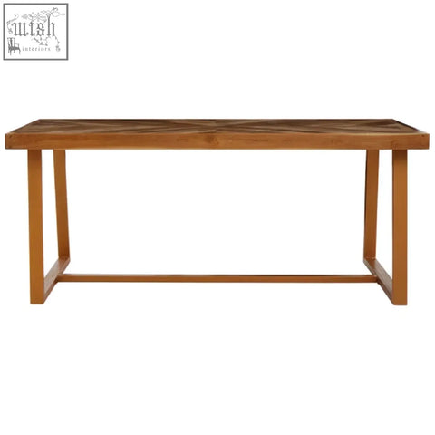 Light brown kendari natural teak wood dining table with geometric pattern top and simple rectangular legs wood dining table