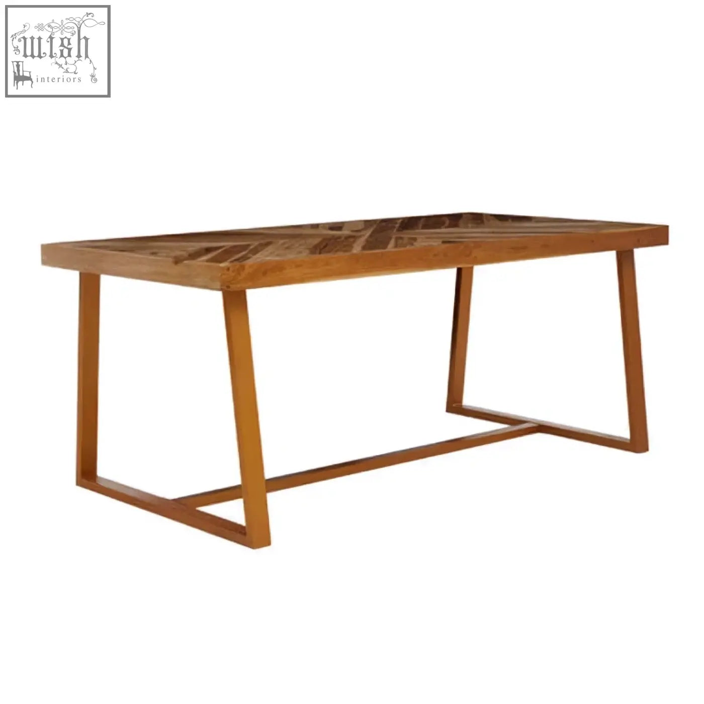 Kendari natural teak wood dining table with rectangular herringbone wood dining top and sturdy angled legs
