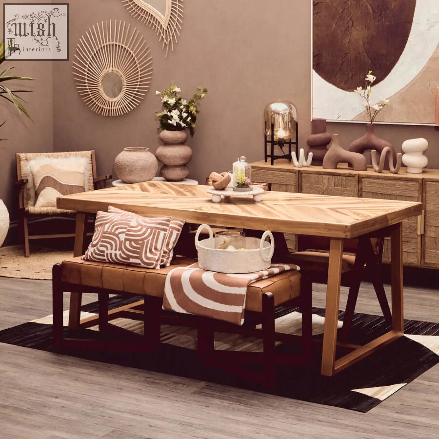 Kendari natural teak wood dining table with rustic chevron wood dining top and dark-stained sturdy legs