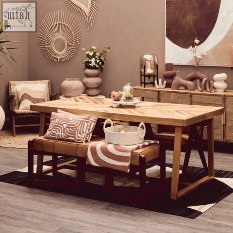Kendari natural teak wood dining table with rustic chevron wood dining top and dark-stained sturdy legs