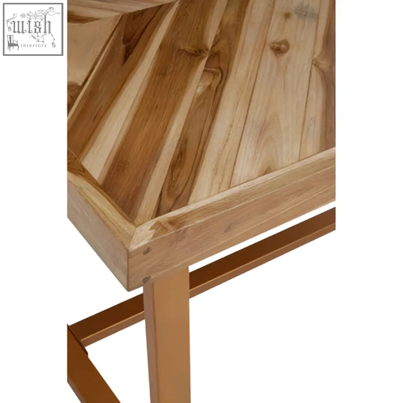 A kendari natural teak wood dining table with a slanted top made of light wood panels and metal legs
