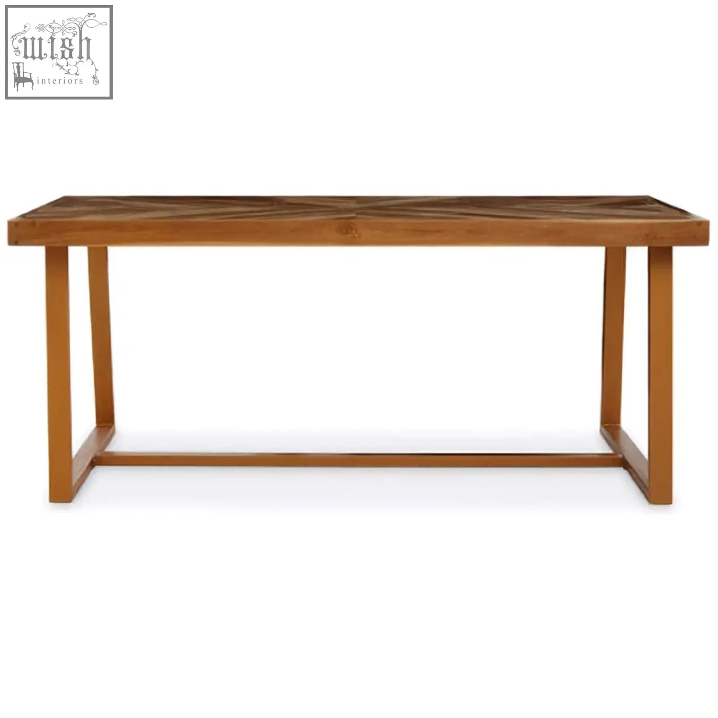 A sleek kendari natural teak wood dining table with a light brown chevron patterned top and sturdy legs