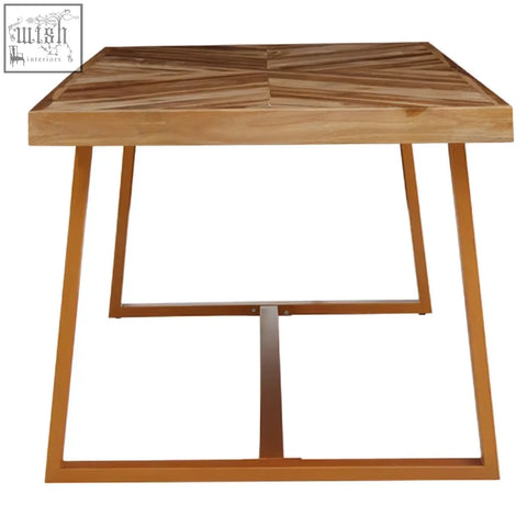 Kendari natural teak wood dining table with square geometric patterned top and metal legs wood dining table