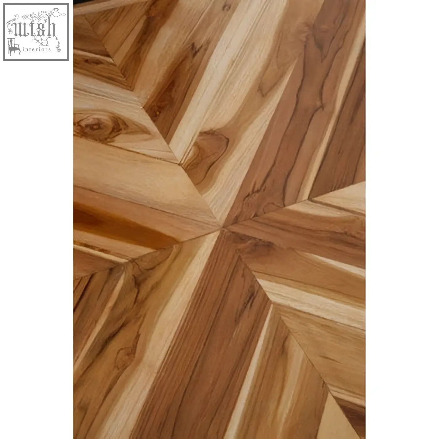 Wood dining table with natural teak wood and herringbone patterned floor in light brown tones