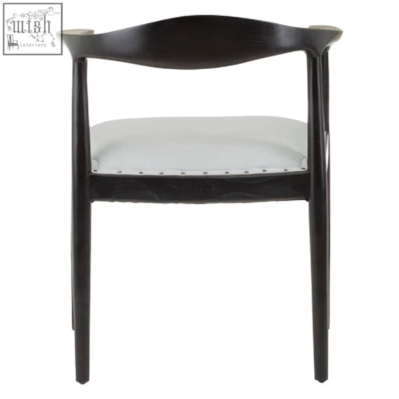 Black lacquered kendari open back grey leather chair with curved backrest and white upholstered seat