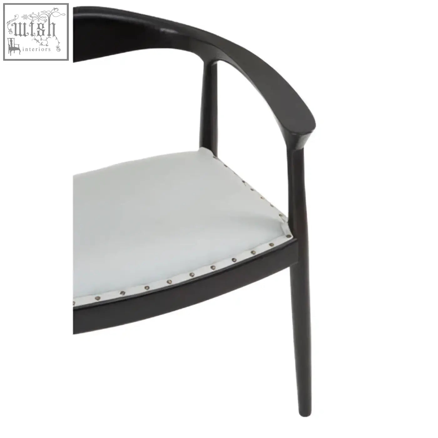 Black lacquered kendari open back grey leather chair with white upholstered seat and silver nailhead trim